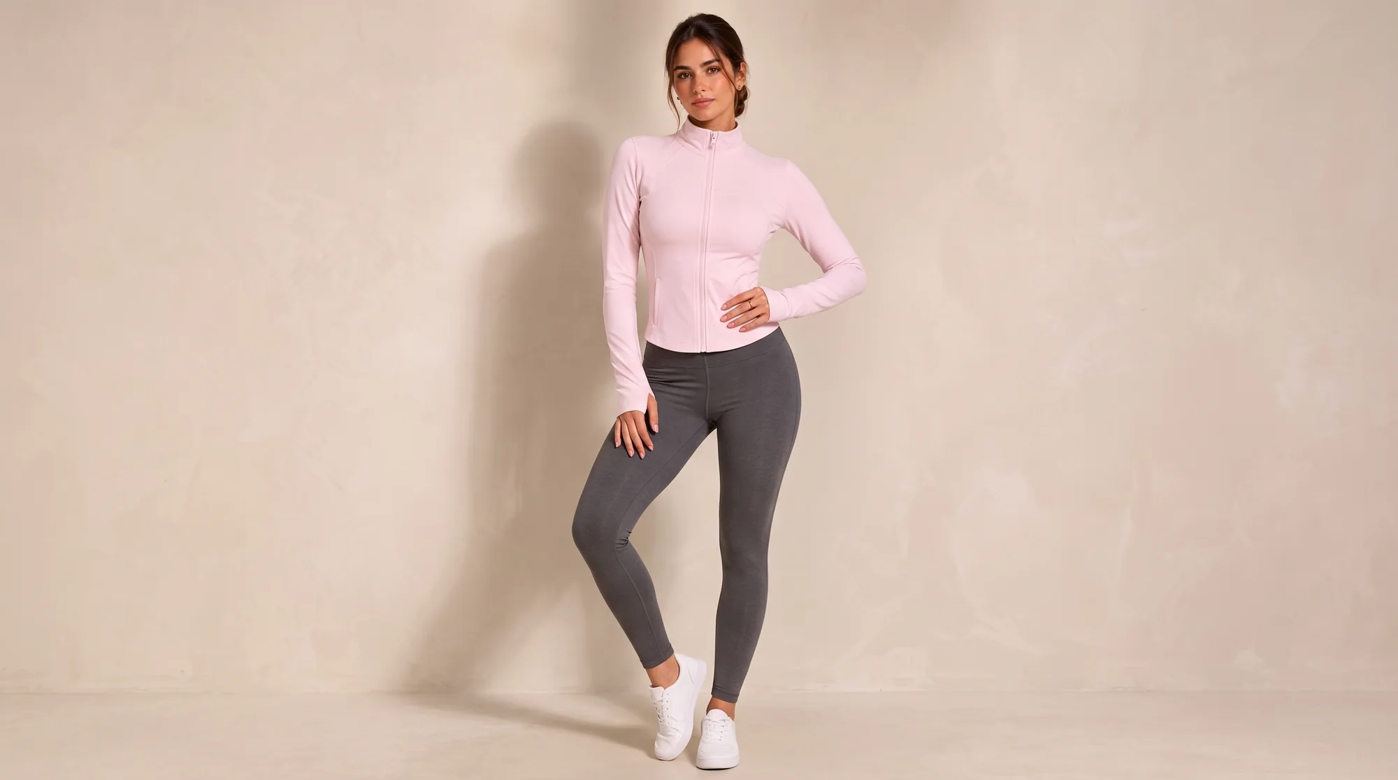 Modelo vestindo a Jaqueta Elegance na cor rosa, com gola alta e zíper fechado